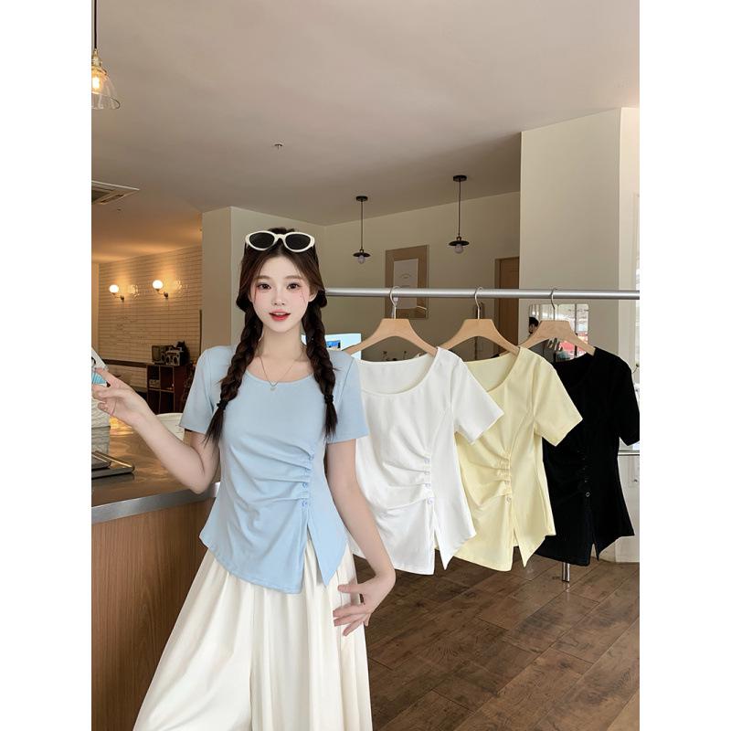 2026 Summer Plus Size Women s Sweet & Spicy V-neck Waist-cinching Irregular T-shirt L синий