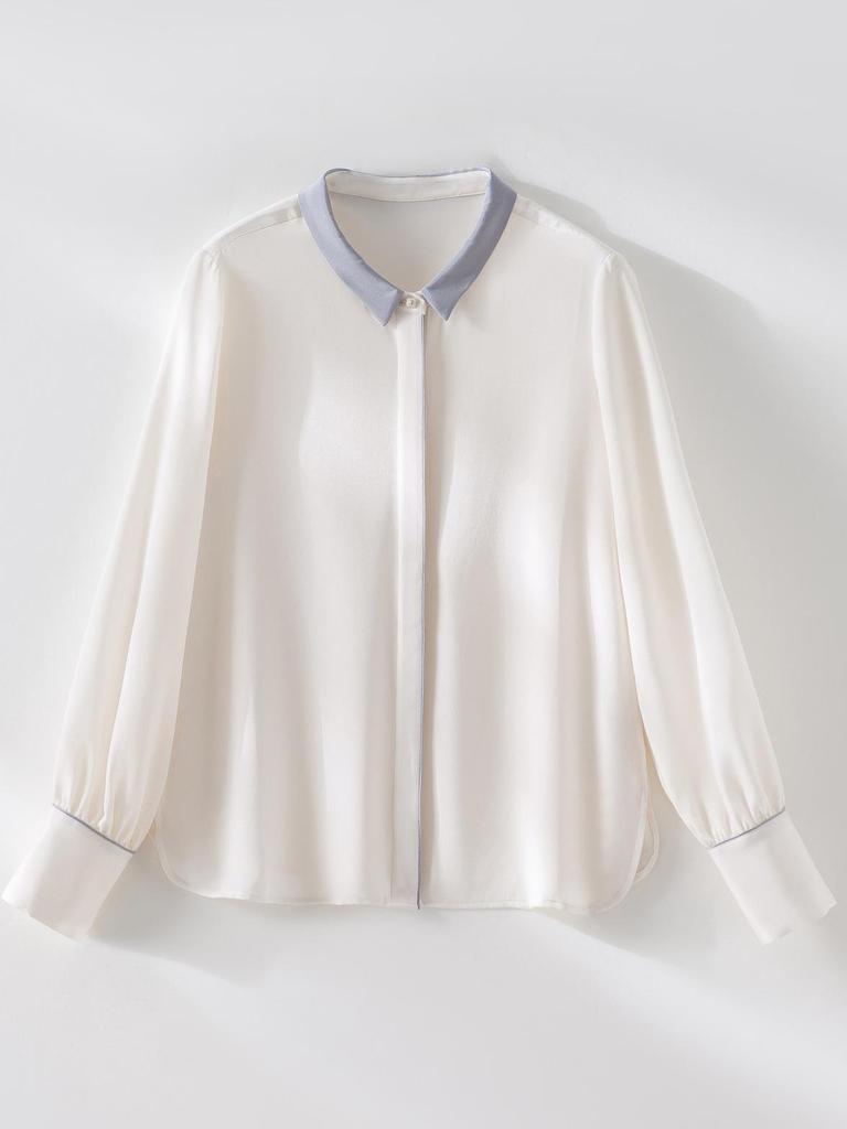 Women's 22 Momme Silk Color Block Shirt - Long Sleeve, Single-Breasted, Loose Fit, Slimming, New Spring/Summer 26 Arrivals.