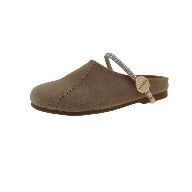 2025 New Women's Mules Flat Sole Solid Rhinestones Cover Toe Slippers Women Dress Metal Decoration Concise Zapatillas De Mujer