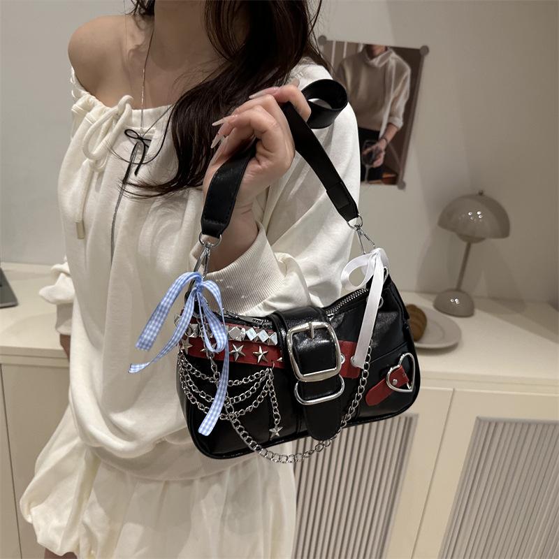 Y2k Retro Women‘s Chain Shoulder Bags PU Leather Ladies Small Underarm Bag Sweet Bow Star Trend Female Crossbody Bag Handbags