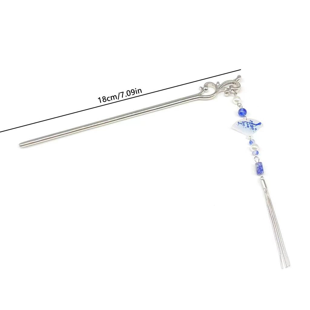 1pc Exquisite Fashion Chinese Traditional Blue and White Porcelain Patterned Women's Alloy Hanfu Tassel Niche Coiled Hairpin