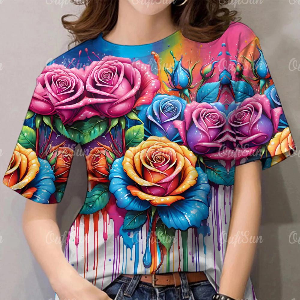 3D Flower Printed T-shirt - Bright Red Rose and Peony - Summer Casual Short Sleeve XS