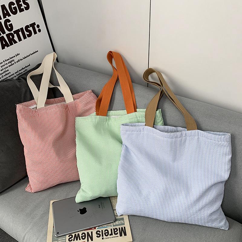 Stripe Ctrast Color Women's Canvas Shoulder Bag Large Capacity CollegeBook Tote Zipper Handbags Simple Commuter Shopping Bag