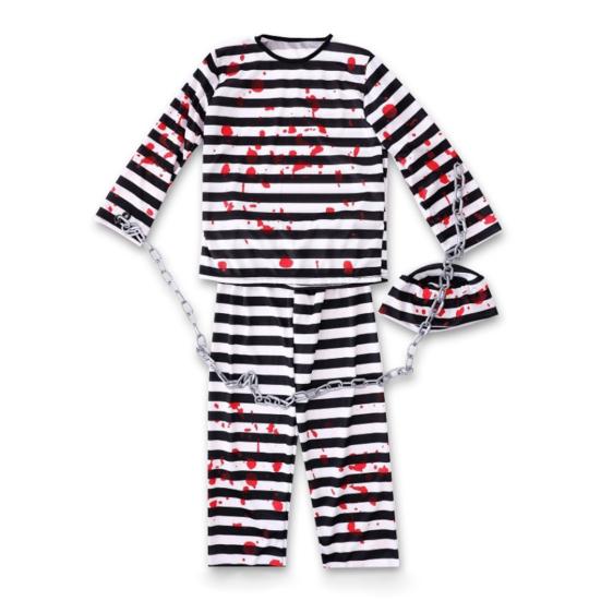 4Pcs/Set Halloween Outfit Adult Kid Prisoner Costume with Classic Robe Style Striped Print Role-Playing Tops Pants Hat Chain Set