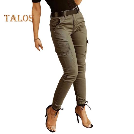 Pantaloni cargo slim fit pentru femei cu talie joasă, cu fermoar, cu fermoar, de culoare uni, pantaloni creion, cu mai multe buzunare, jambiere cu design