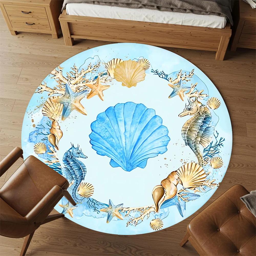 1pc Seashells, Oceanic Round Chair mat Area Rug - Non-Slip, Floor Mat for Office, Bedroom, home decor Christmas Gift p0811070