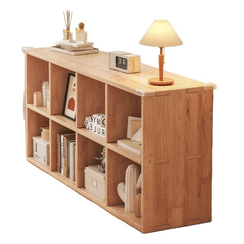 Solid Wood Bookshelf: Floor-Standing & Wall-Leaning Grid Cabinet for Living Room or Kindergarten Storage.