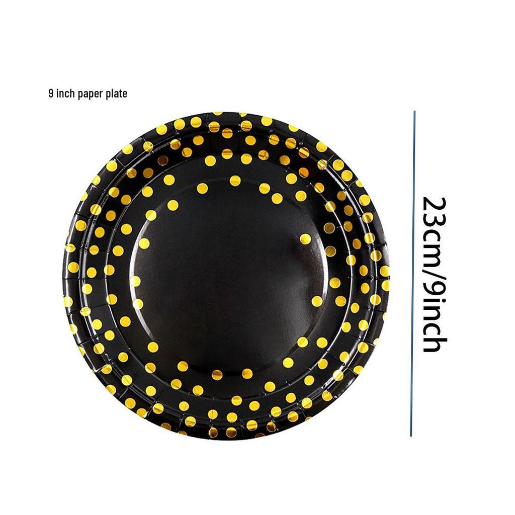 Polka Dot Black Paper Plate and Cup Set - Christmas & New Year Disposable Tableware