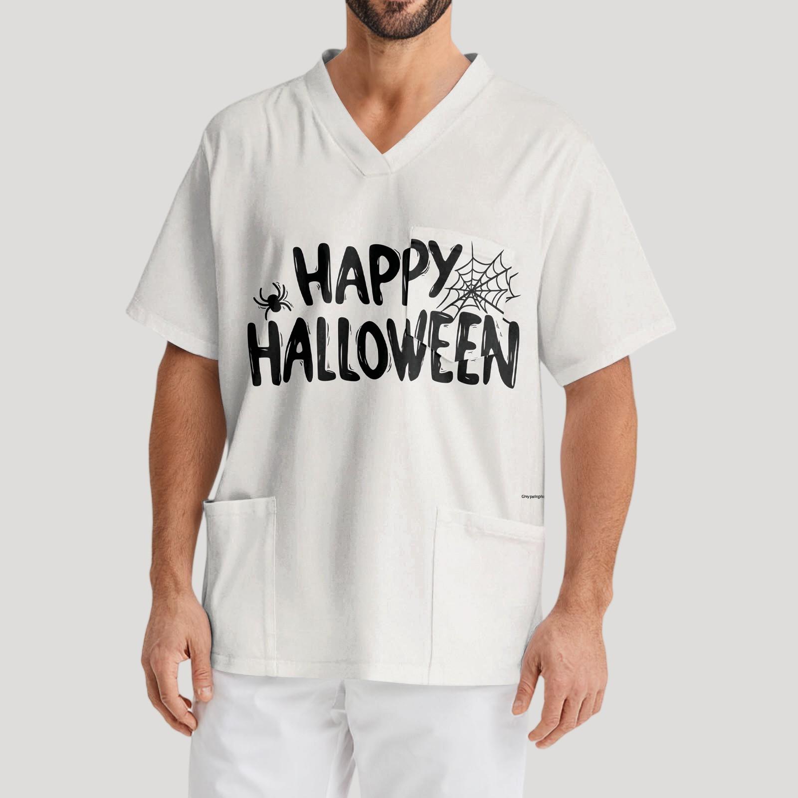 

Мужская рабочая блузка с короткими рукавами и v-образным вырезом с принтом, топ с нагрудным карманом M чёрный