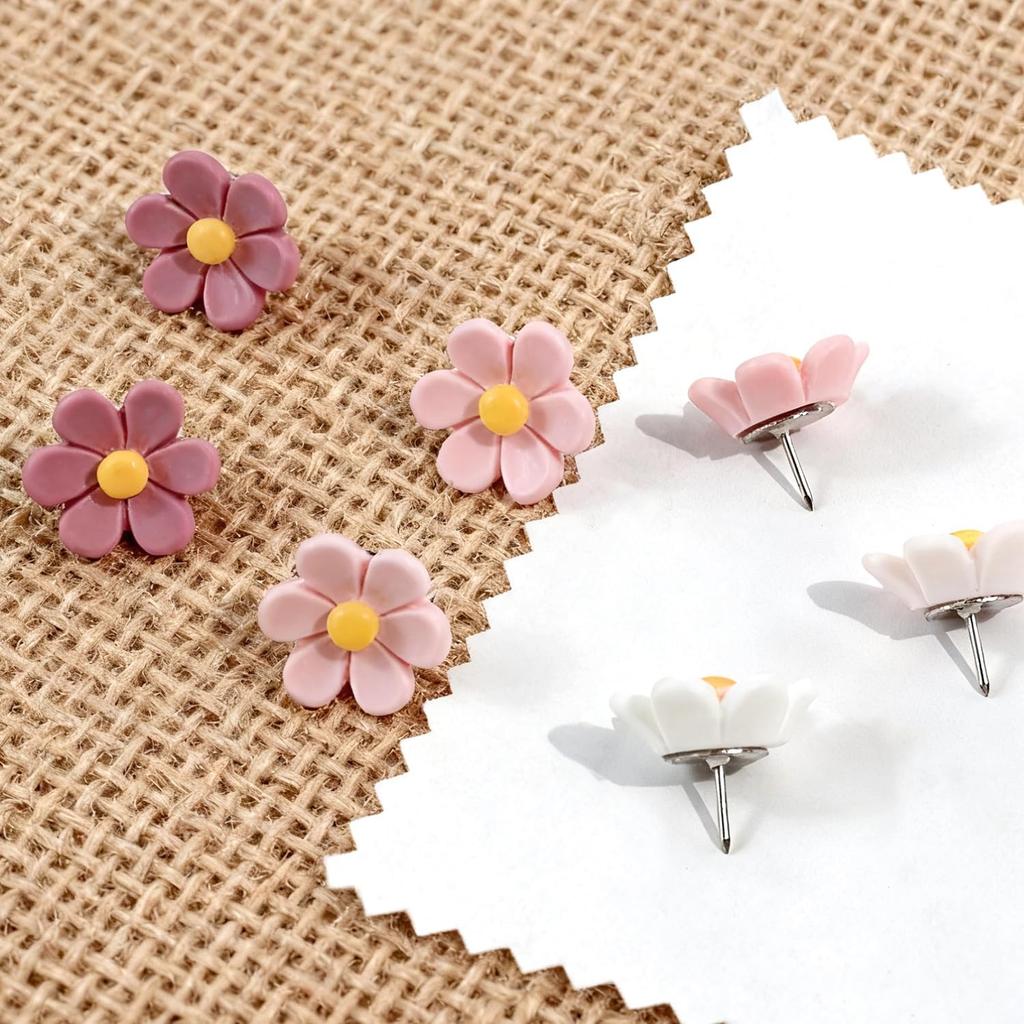 Cute Flower Push P, 30Pcs Aesthetic Thumb Tacks with Rust-Proof Metal Tips for Cork Bulletin Board, Photo Walls, Office & Home Decor