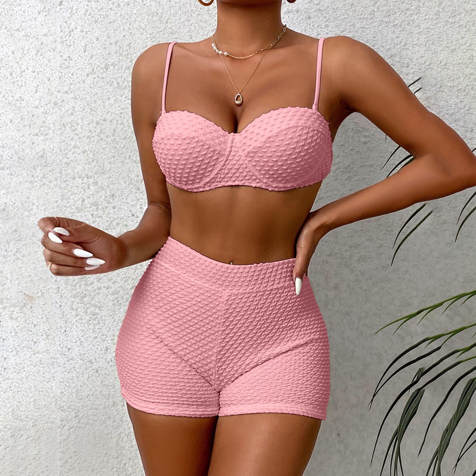 

Женский сексуальный однотонный купальник в сплит-стиле, бикини-боксеры, шорты, комплект купальника L розовый