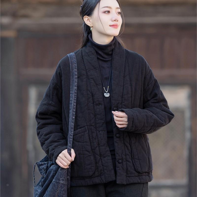 

Johnature Женские пальто в китайском стиле на пуговицах с V-образным вырезом, однотонные, зимние, с карманами One Size чёрный