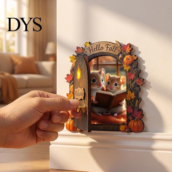 Fall Home Decor Accents Elf Wooden Door Halloween Decor, 2D Fairy Mouse Miniature Wall Rustic Autumn Shelf Hanging, Ornament for Home, Thanksgiving