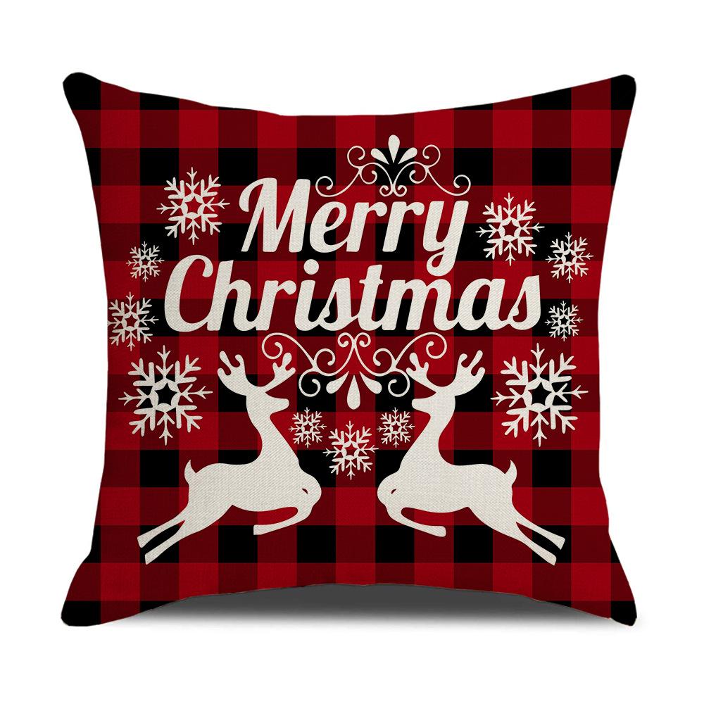 Red and Black Plaid Christmas Pillow Holiday Pillow Cover Linen Cartoon Print Holiday Cushion Cover