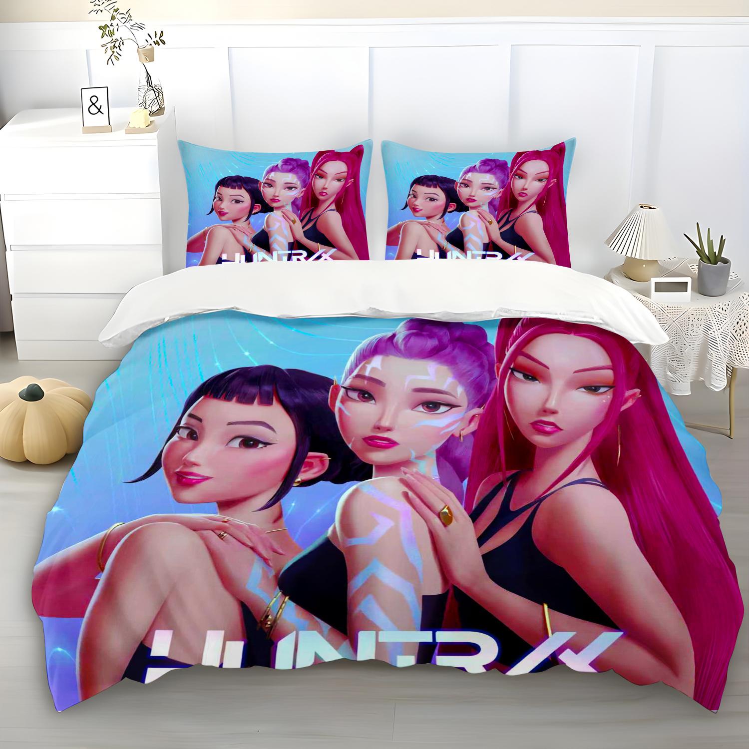 

Comforter K-Pop Demon Hunters Themed Bedding Set Colorful Print & Bed Sheet Student Dormitory Textile Kid Gift Comforter (quilt)-EU Single(135*200cm)3pcs