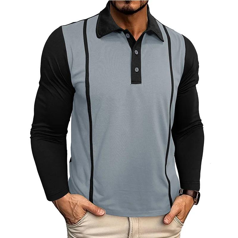 Spring Autumn Men's Contrasting Color Lapel Long Sleeve Button Polo Shirts Mens Casual Polos Tops