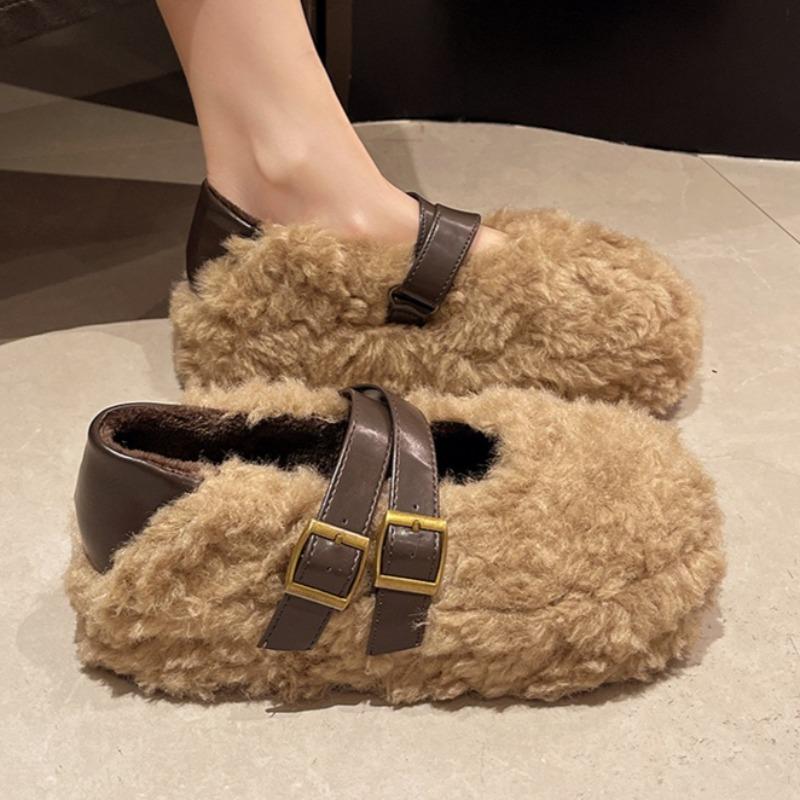 Fashion 2025 Winter Flats Fluffy Shoes for Women Designer Elegant Buckle Shallow Shoes Casual Sport Sneakers New Cozy Zapatillas Mujer