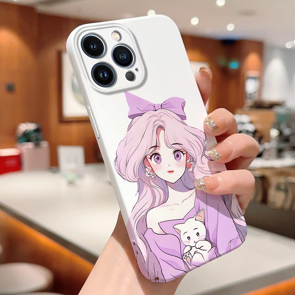 For iPhone 16 15 Samsung S23 S22 A13 A23 A52 A33 Huawei Honor Xiaomi Redmi OPPO Vivo Cat and Bow Girl Design Full Camera Protection Hard Phone Case
