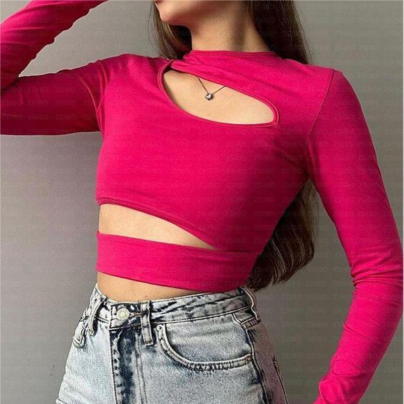 European and American semi high neck solid color long sleeved sexy slim fit top