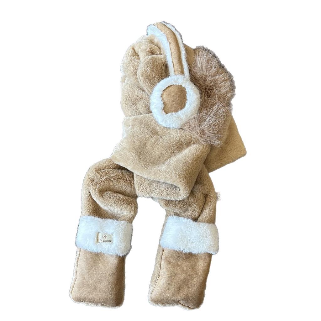 Hat Female Winter New Bear Earphones Cute Thickened Northeast Cold Hat Scarf Gloves Integrated Thermal Hat Hooded