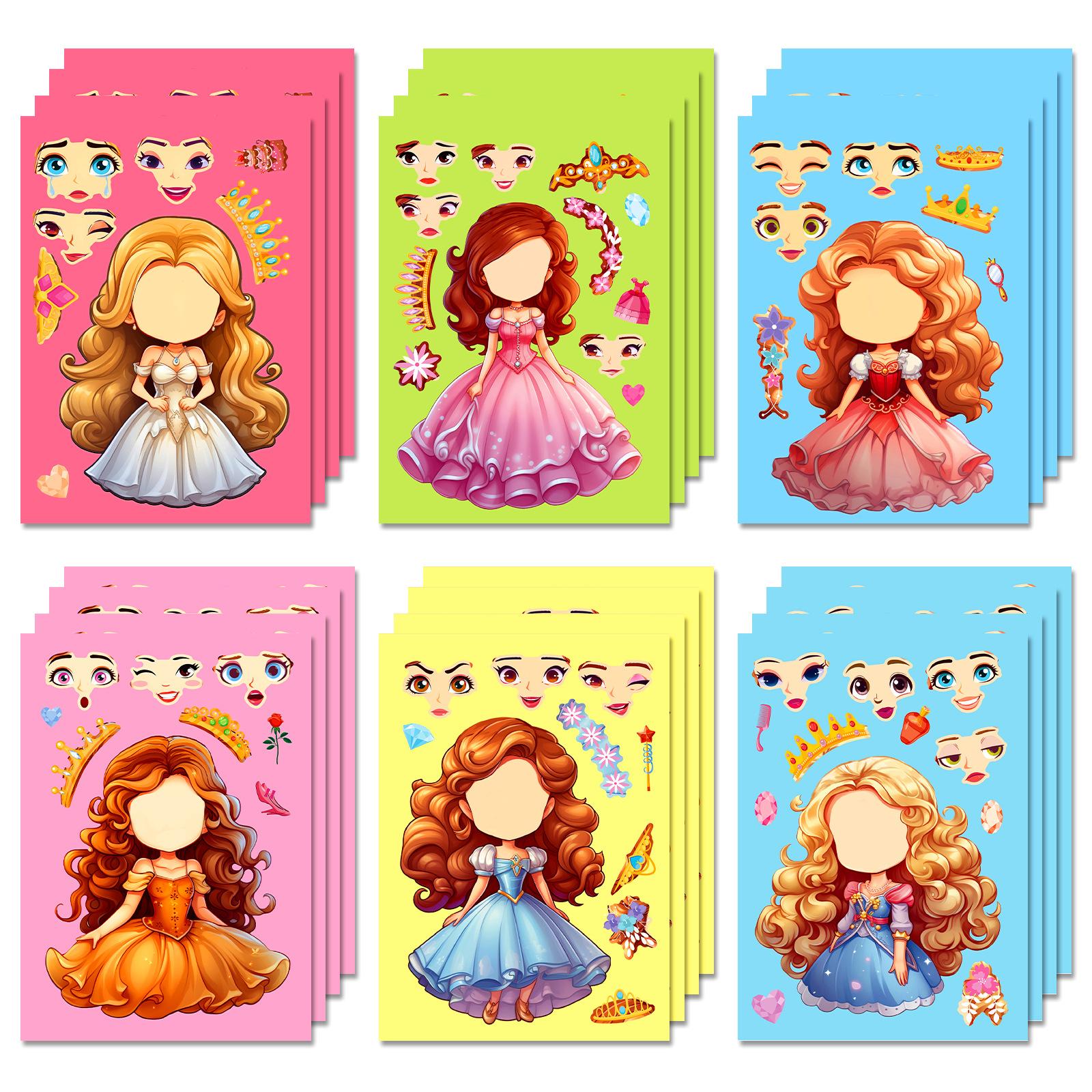 

6 милых наклеек с изображением принцессы, меняющих свое лицо, повторяющиеся наклейки, наклейки для девочек