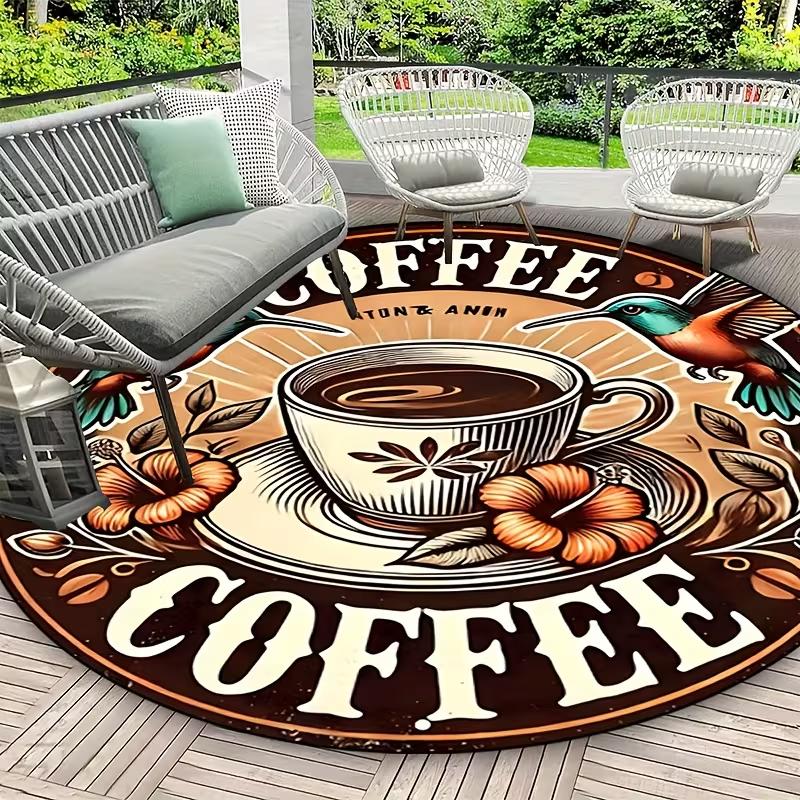 Vintage Retro Letter Print Round Area Rug Rustic Coffee Shop Themed Non-Slip Floor Carpet Outdoor Patio Decor Mat for Porch
