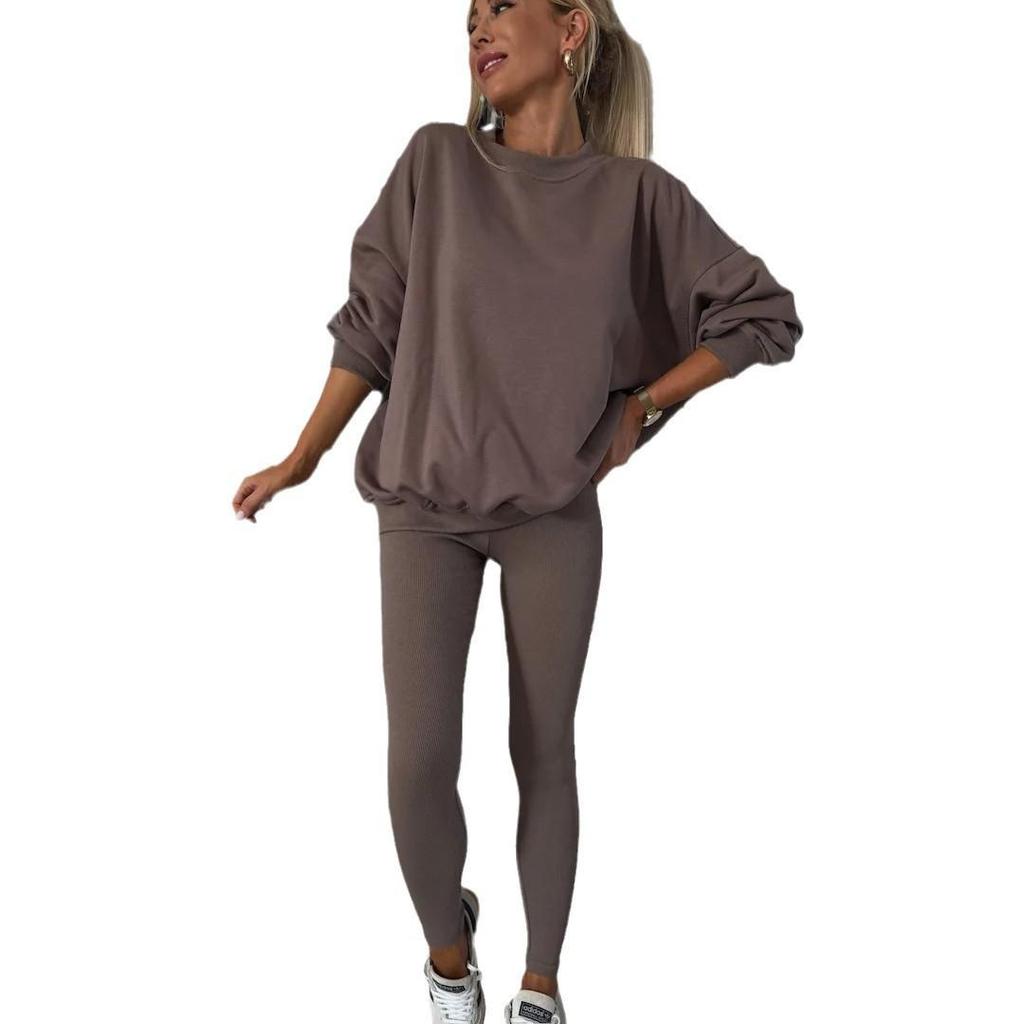 2024 Trending Women's Solid Color Round Neck Sweatshirt and Skinny Long Pants Two-Piece Set