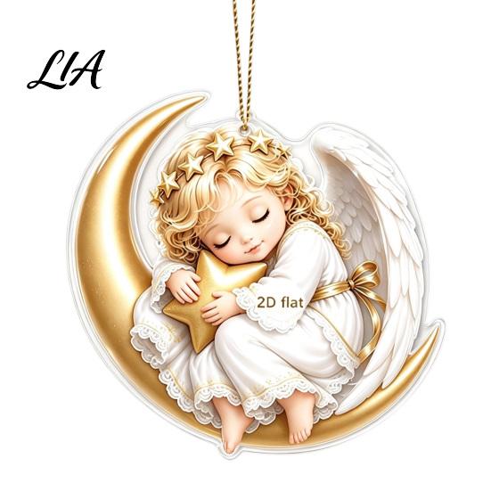 Festive Tree Ornament Christmas Angel Pendant with Lanyard, 2D Flat Acrylic Hanging for Party Decor Decoration, Cute Holiday Car Window Decoration