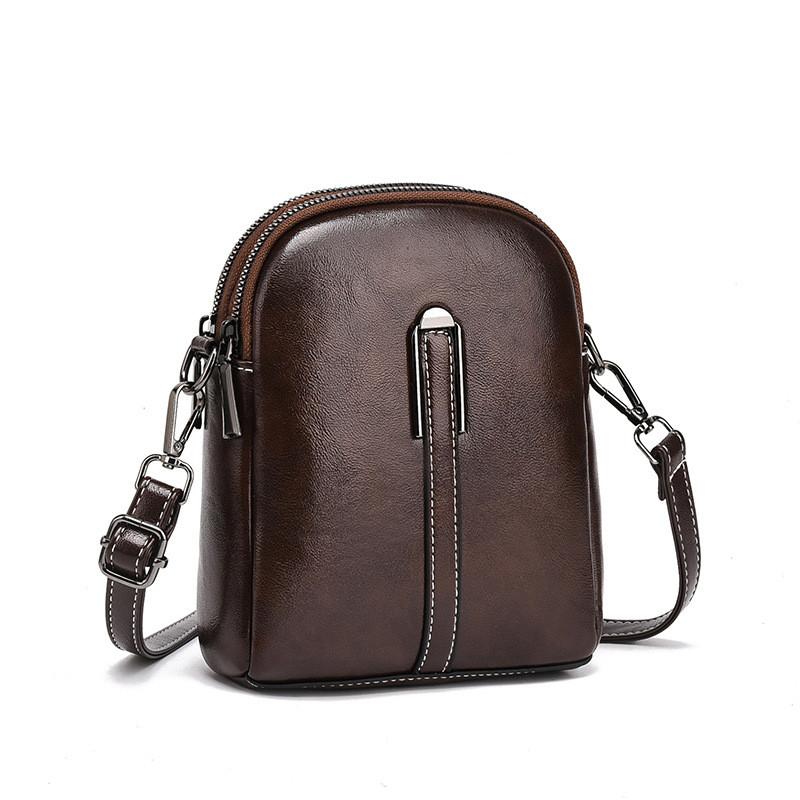 

Винтажная вощеная коровья кожаная сумка через плечо для мобильного телефона с двойной молнией кофейный