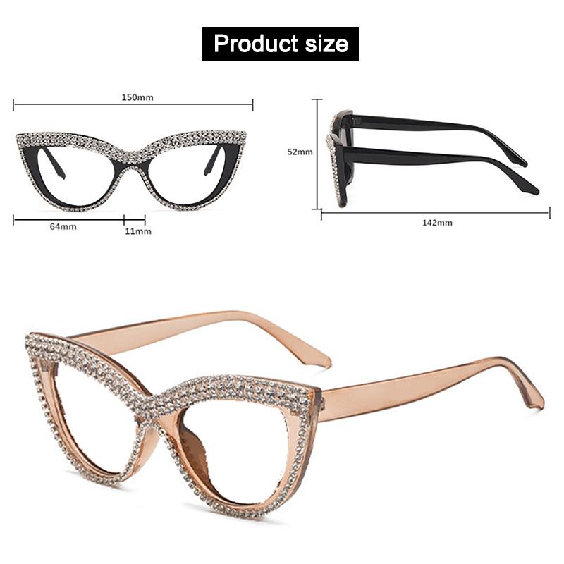 Katzenaugen-Lesebrille mit Diamanten für Damen, modisch, großes Gestell, Blaulichtfilter, Lesebrille, Korrektionsbrille, Myopie-Brille