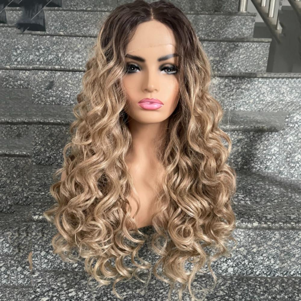 ALAN EATON Lang krøllet blonder frontal parykk for svarte kvinner Syntetiske blonde parykker med mørke røtter Honningbrunt hår Blondedelparykk