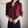Camisa de verano para mujer, cuello en V, cuello con cordones, manga larga, jersey, tops de color liso, corte holgado, tops de oficina para mujer, ropa de trabajo