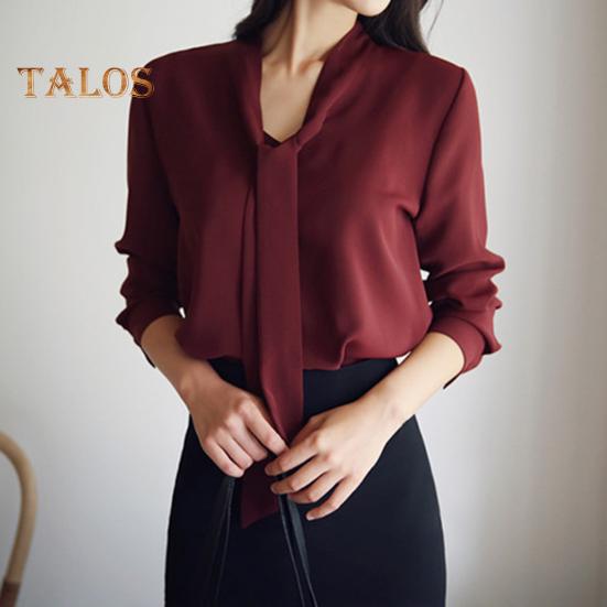 Camisa de verano para mujer, cuello en V, cuello con cordones, manga larga, jersey, tops de color liso, corte holgado, tops de oficina para mujer, ropa de trabajo
