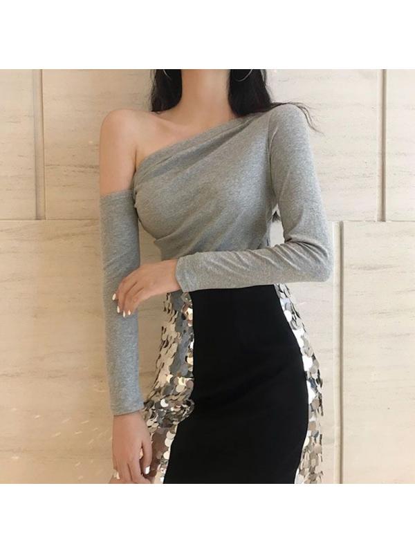 

Сексуальная тонкая футболка с длинным рукавом без бретелек с наклонными плечами One Size серый