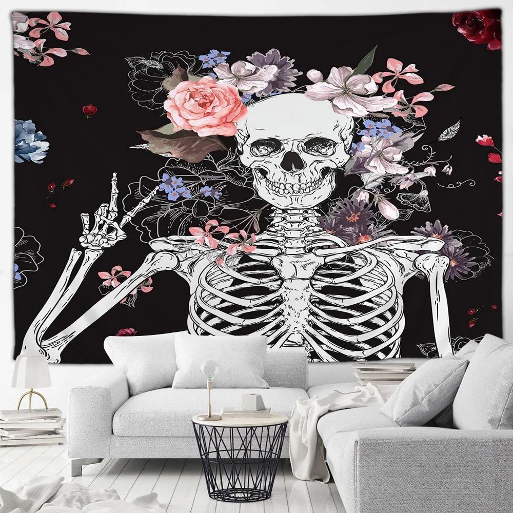 Red Rose Skull Tapestry Skull Blood Print Halloween Decorative Tapestry Home Living Room Room Decorative Wall Hanging