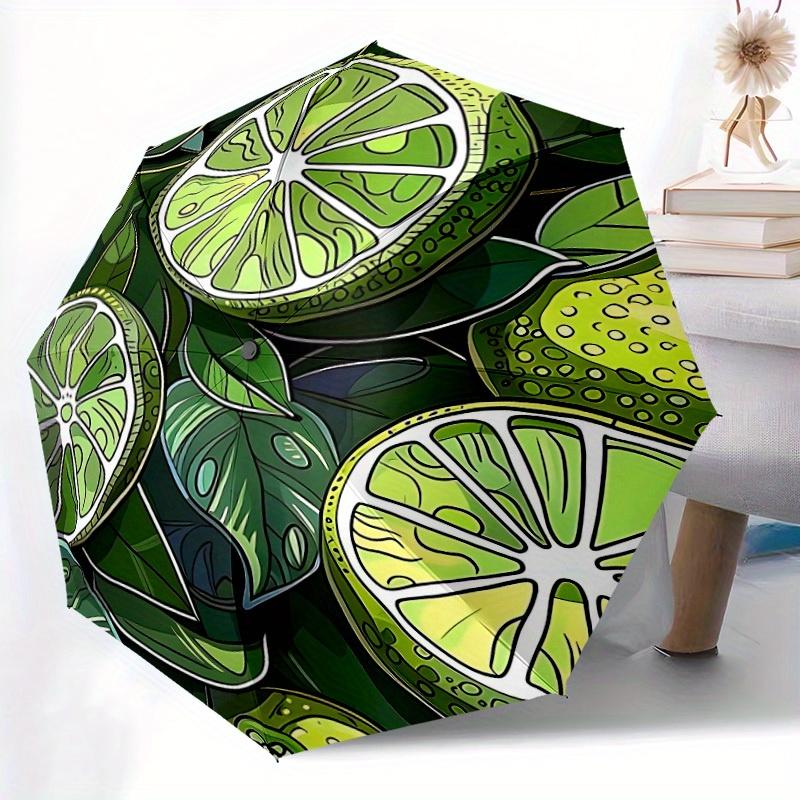 1pc Lime Slices Automatic Open/Close Umbrella with One-Touch Button, Compact Folding Canopy, Sturdy 8-Rib Windproof Design -026