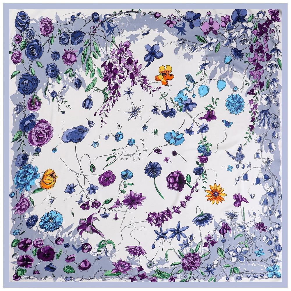 

Silk Scarf Women Large Shawls New Rose Flower Print Stoles Square Bandana Luxury Kerchief Hijab Female Foulards 130CM 130x130cm
