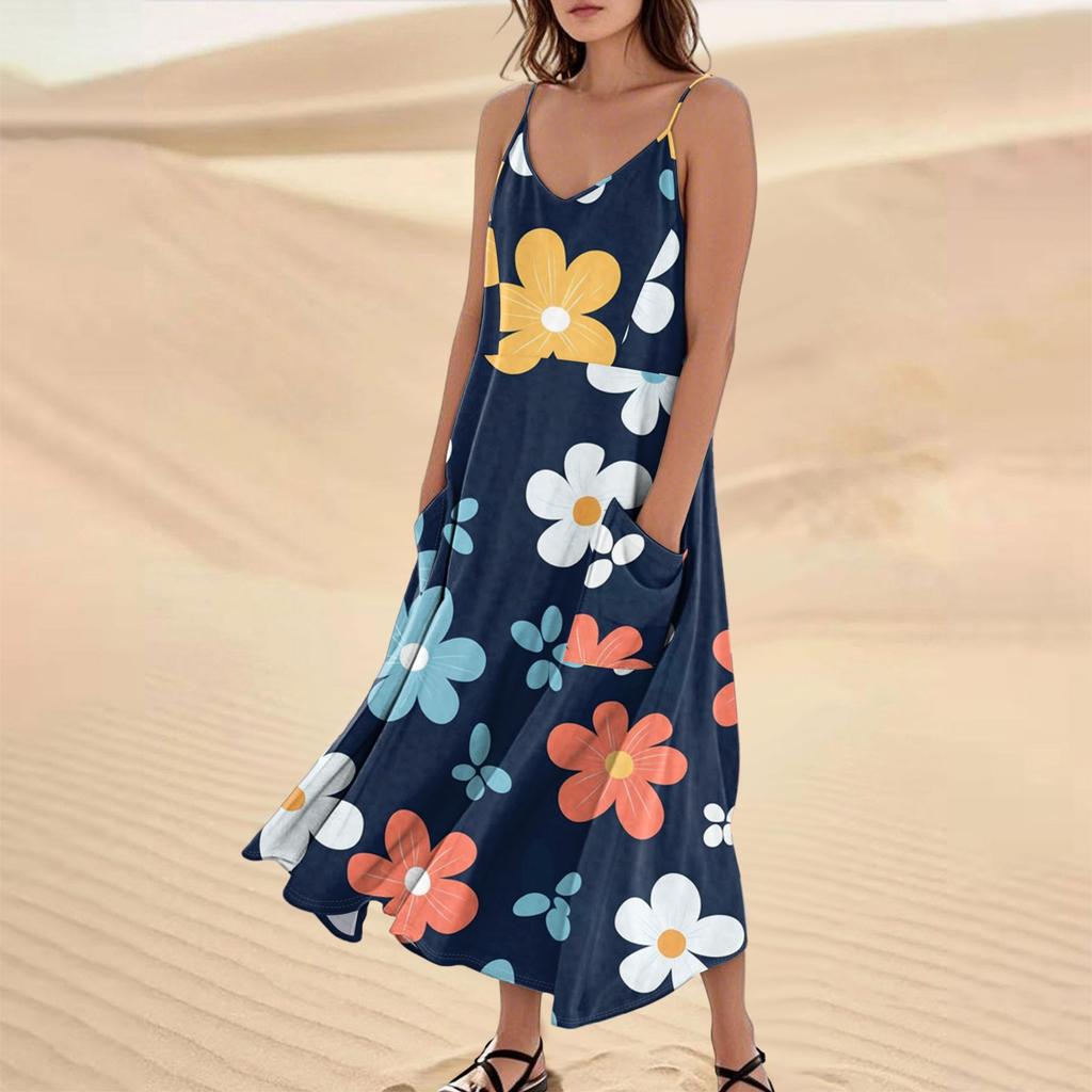 Women's Casual V Neck Floral Print Sleeveless Pocket Suspender Dress