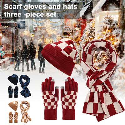 3 Pcs/Set Unisex Winter Beanie Scarf Gloves Set Thickened Warm Cap Check Print