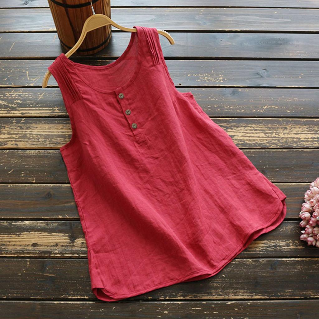 Top Casual da Donna Taglia Forte Lino Cotone T-shirt Vintage Tinta Unita Senza Maniche Gilet Largo Harajuku Stile Vintage Camicia Top