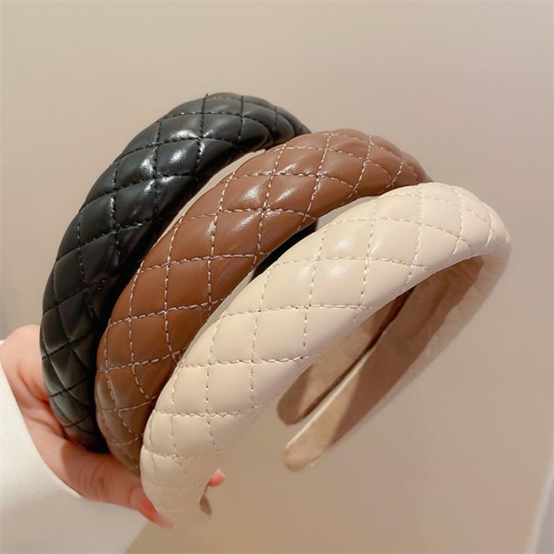 Stunning Women Synthetic Leather Headbands Sponge Padded Hoop Plaid Stitching Finishing Party Holiday Headpiece Leather Fabric