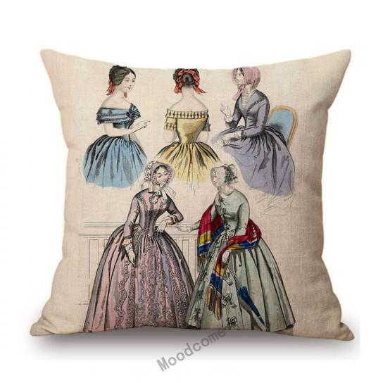 Antique Fashion Book Ettiquette Lady Dress European Costume Elegant Wear Cotton Linen Sofa Throw Pillow Case Chair Cushion Cover