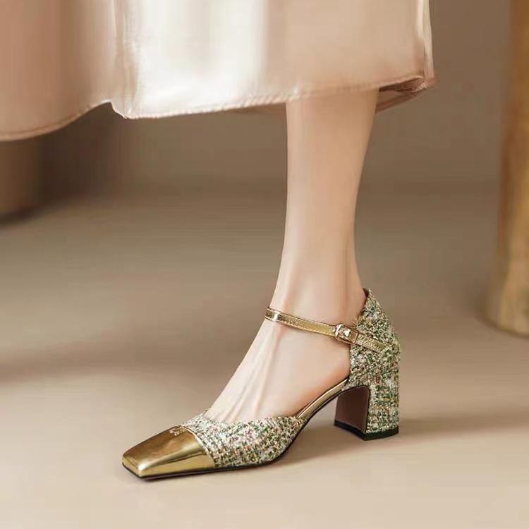 

Модные серебряные туфли Мэри Джейн женские Роскошный дизайн Французские туфли на высоком каблуке с квадратным носком Модные босоножки с квадратным каблуком и пряжкой на щиколотке Женская обувь 7 золотой