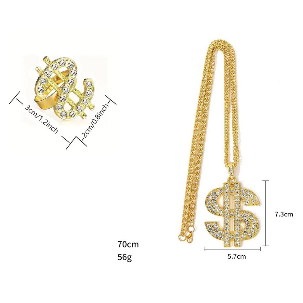 Hip Hop Costume Dollar Necklace Ring Cool Rock Costume Adjustable Dollar Sign Pendant Necklace Hip Hop Dollar Ring for Men Women