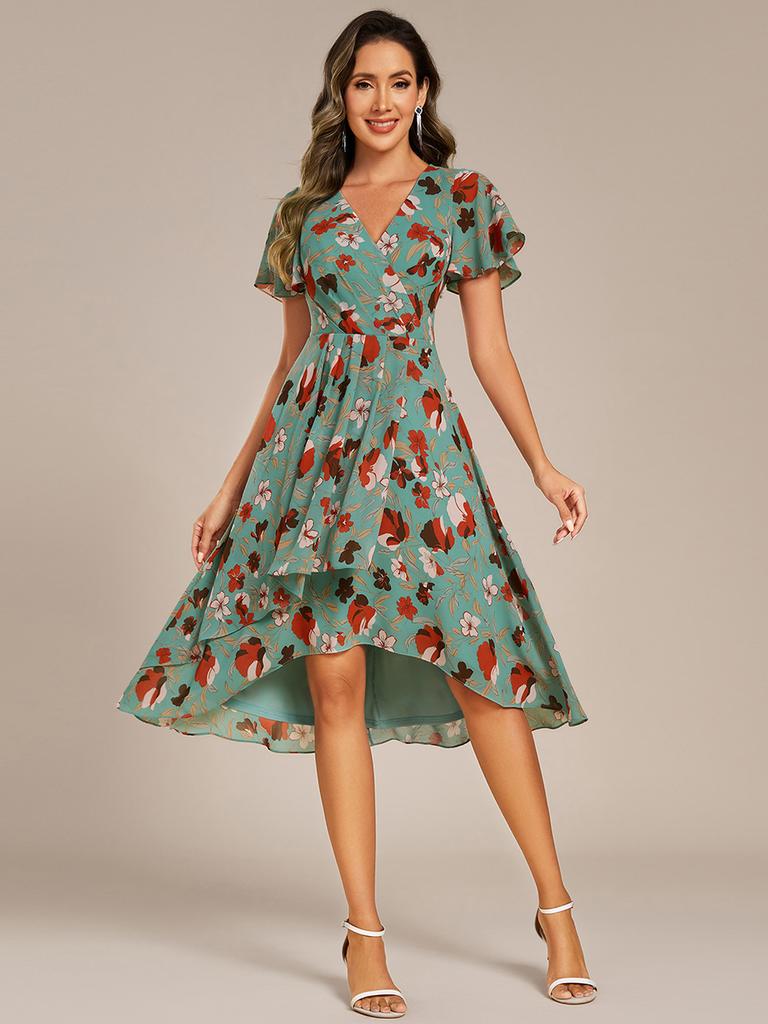 Ever-Pretty Women's Short Sleeve V-Neck Ruffled Floral Asymmetrical Midi Wedding Guest Dress
