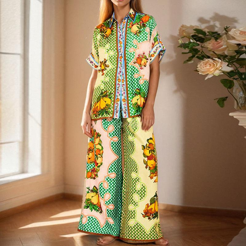 1116 Women's Christmas Fashion Set 1D Printed Autumn Casual Wide Leg Pants Cardigan Shirt