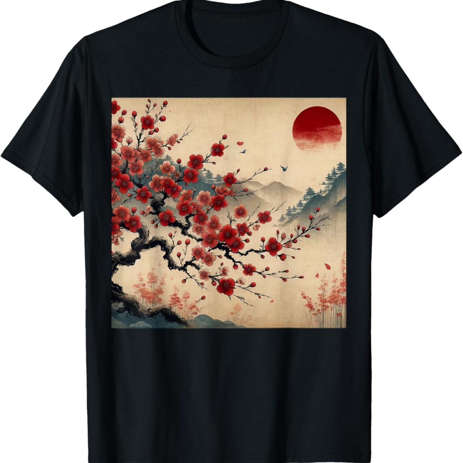 Vintage Cherry Blossom Woodblock Tee  Graphical Art T-Shirt(3) S чёрный