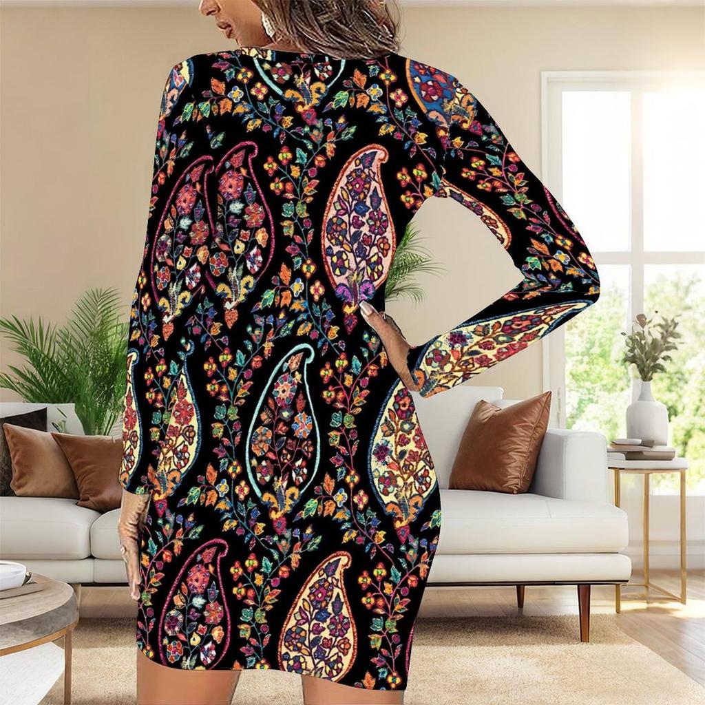 2025 Outono e Inverno Novo Estampa Floral 3D e Tingimento Moda Feminina Manga Longa Gola Redonda Vestido Envolvente de Quadril Dia dos Namorados Limitado