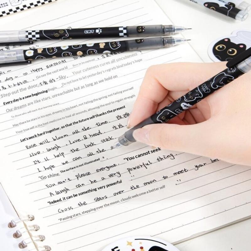 6PCS Black Cat Direct Liquid Rollerball Pen With Mini Needle Smooth Writing Non-Stop Ink Fast Drying And Easy-to-Write Writing
