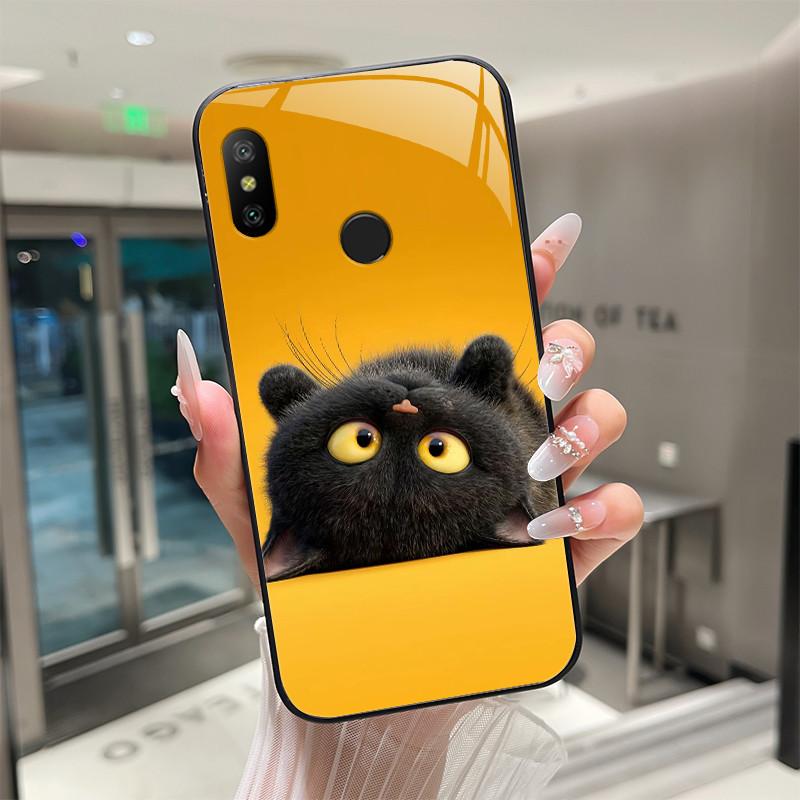Beautiful Flower Cute Cartoon Cats Case For Xiaomi Mi A2 / Mi A2 Lite Tempered Glass Phone Case Protective Back Cover Hard Shell